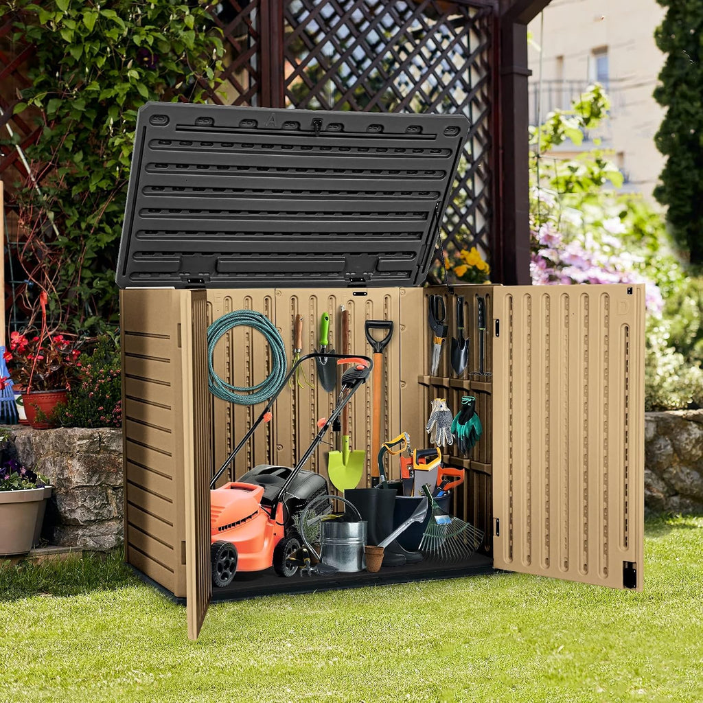 YITAHOME Outdoor Resilient Storage Shed, 35 Cu Ft Lockable Weatherproof Resin Unit, Fit for Garden Equipment, Simple Assembly (Brown)