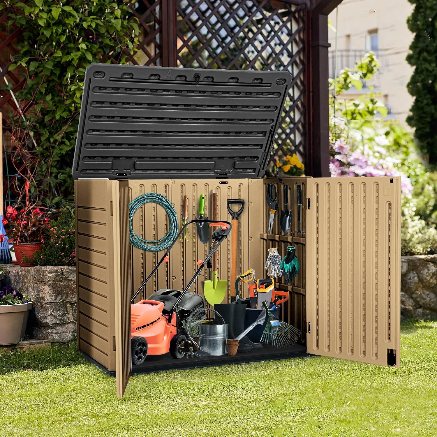 YITAHOME Outdoor Resilient Storage Shed, 35 Cu Ft Lockable Weatherproof Resin Unit, Fit for Garden Equipment, Simple Assembly (Brown)