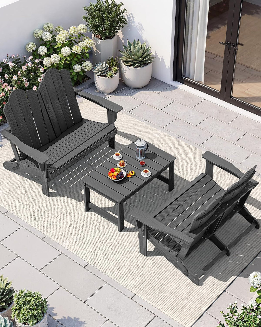 SERWALL Folding Adirondack Bench, HDPE All-Weather Adirondack Loveseat Set of 2, Grey