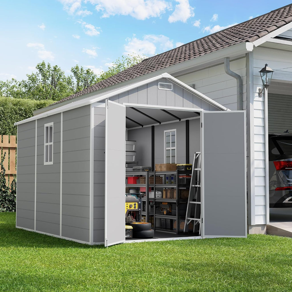 Amopatio 8x10 FT Outdoor Resin Shed,Storage Shed with Floor Included, Plastic Sheds Outdoor Storage for Bike, Garden Tools, Sheds & Outdoor Storage with Lockable Door, Window & Vents, Grey & White