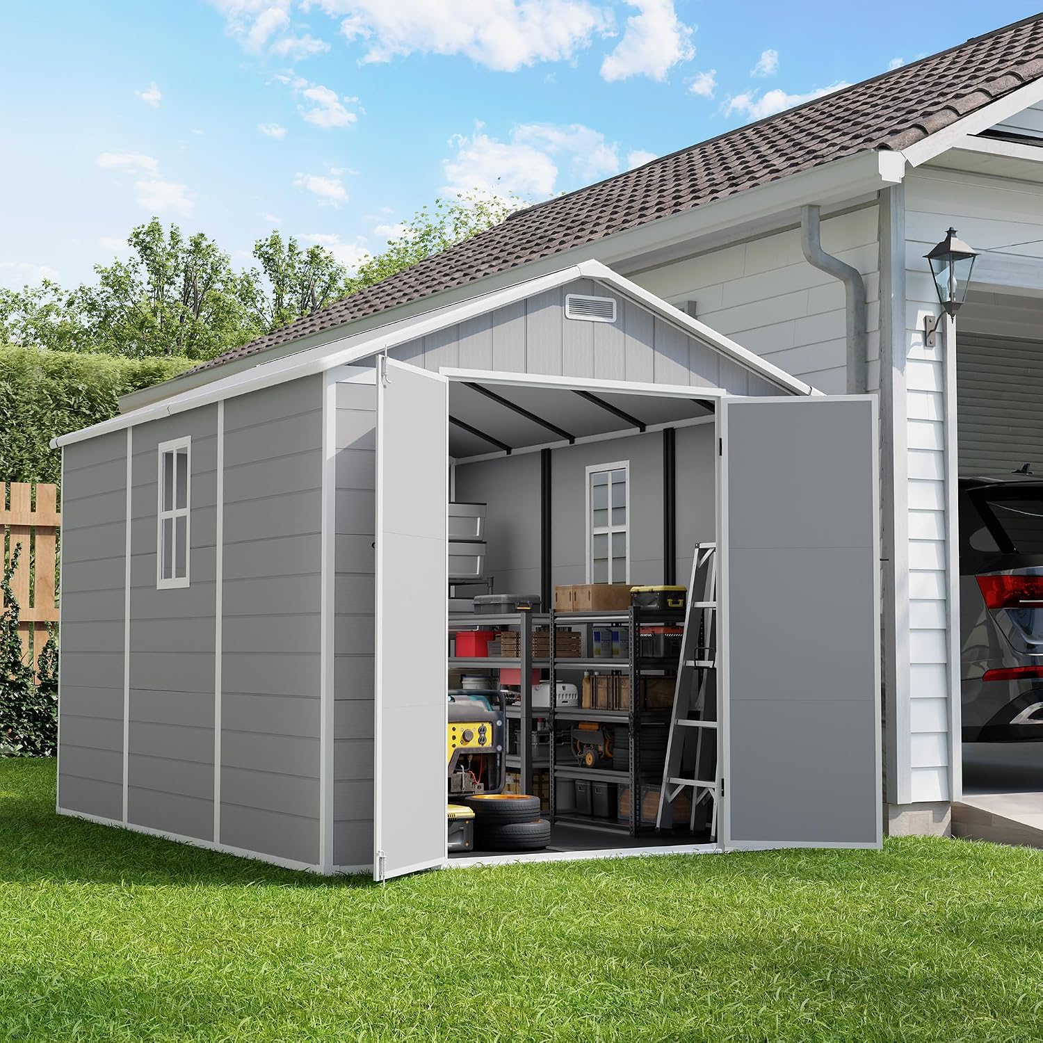 Amopatio 8x10 FT Outdoor Resin Shed,Storage Shed with Floor Included, Plastic Sheds Outdoor Storage for Bike, Garden Tools, Sheds & Outdoor Storage with Lockable Door, Window & Vents, Grey & White