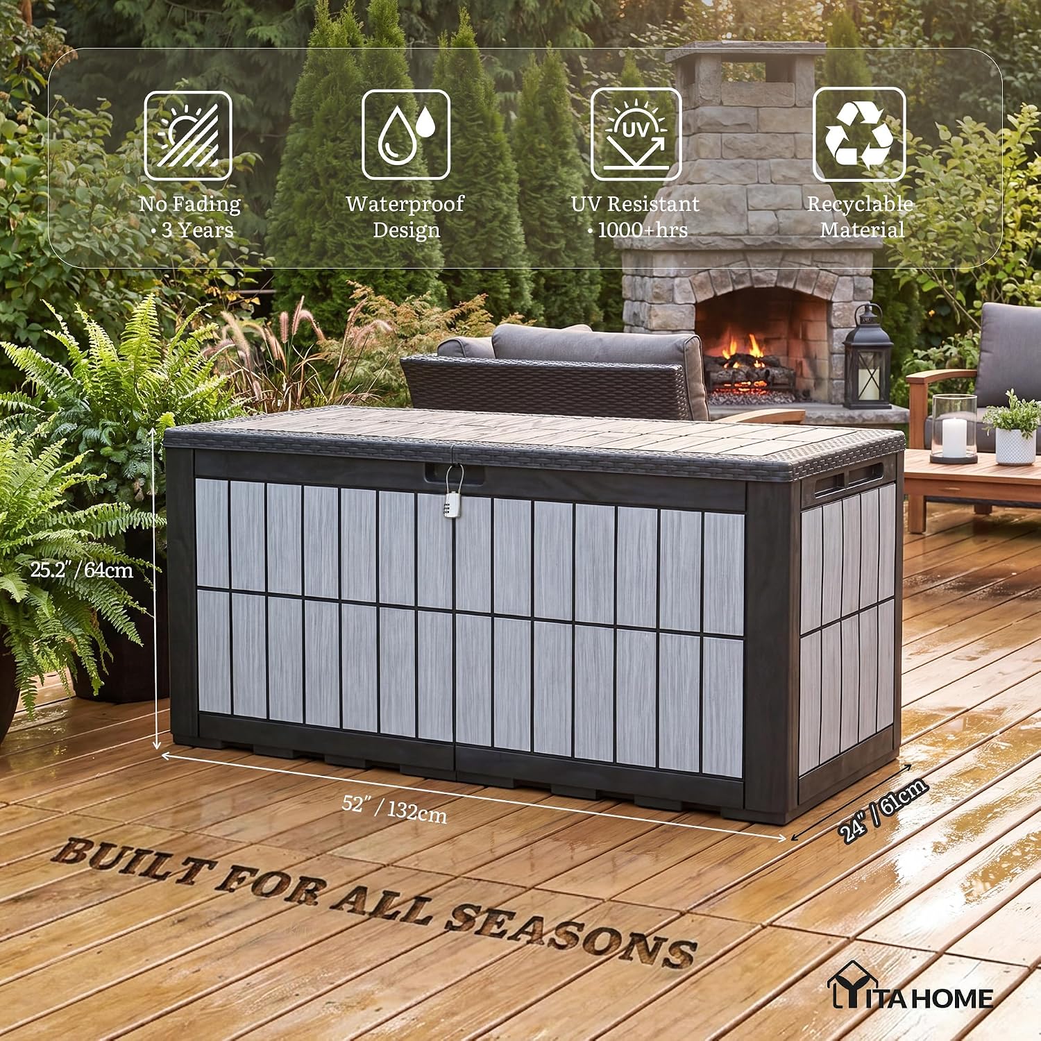 YITAHOME 134 Gallon Large Deck Box, Waterproof Resin Outdoor Storage Box with Lock, Doubles as Bench Seating for Patio Furniture Cushions,Garden Tools & Pool Accessories, Black & Wood-Grain Gray