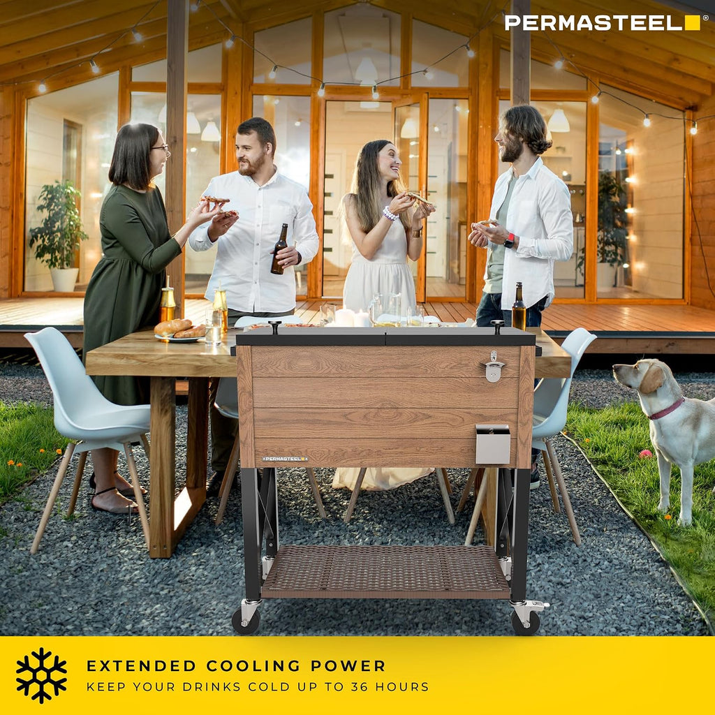Permasteel 80 Quart Party Cooler, Rolling Ice Chest with Wheels and Handles for Indoor Outdoor Patio