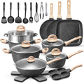VOTTGO 31 Pcs Pots and Pans Set Non Stick, Black Granite Induction Cookware Set, Non Toxic Healthy RV Kitchen Cooking Set with Silicone Tools and Pot Protectors, PFOA PFOS PFAS Free