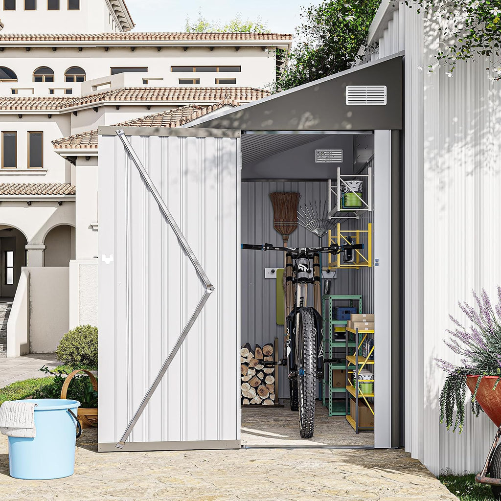 YOPTO 4×8 FT Outdoor Metal Storage Shed,Heavy-Duty Lean to Storage Shed with Lockable Single Side Hinge Door,Waterproof Metal Storage Tool House W/Sloping Roof,Air Vent&Protect Film,for Backyard,Gray