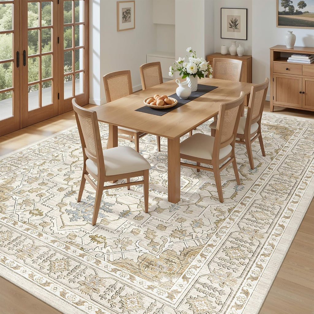 Area Rugs for Living Room - 9x12, Boho Non-Slip Low Pile Carpet Machine Washable Rugs for Bedroom Office, Dining Room (Beige)