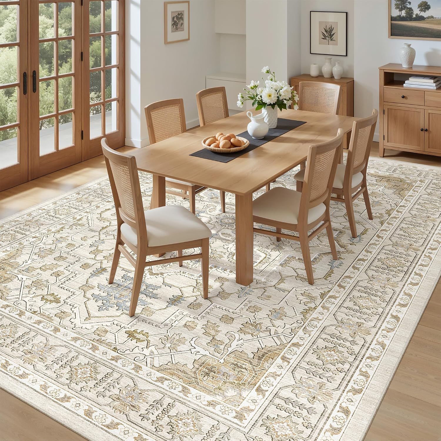 Area Rugs for Living Room - 9x12, Boho Non-Slip Low Pile Carpet Machine Washable Rugs for Bedroom Office, Dining Room (Beige)