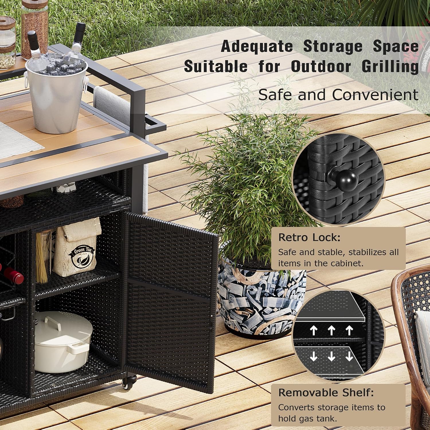 52.8' W Wicker Outdoor Bar Cart Table with Extended Plastic Wood Table Top, Outdoor Grill Cart with Large Storage Cabinet, for Patio Backyard Garden Poolside, Double Handle Design, Black