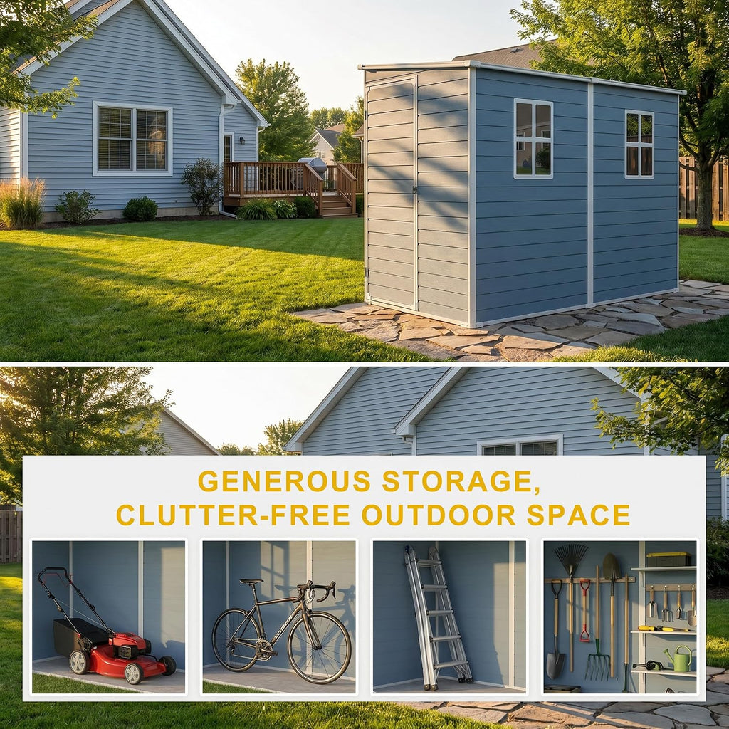 Storage Sheds with Floor, Resin Outdoor 4x8FT Lean to Shed with Two Windows, Lockable Doors for Garden Tools