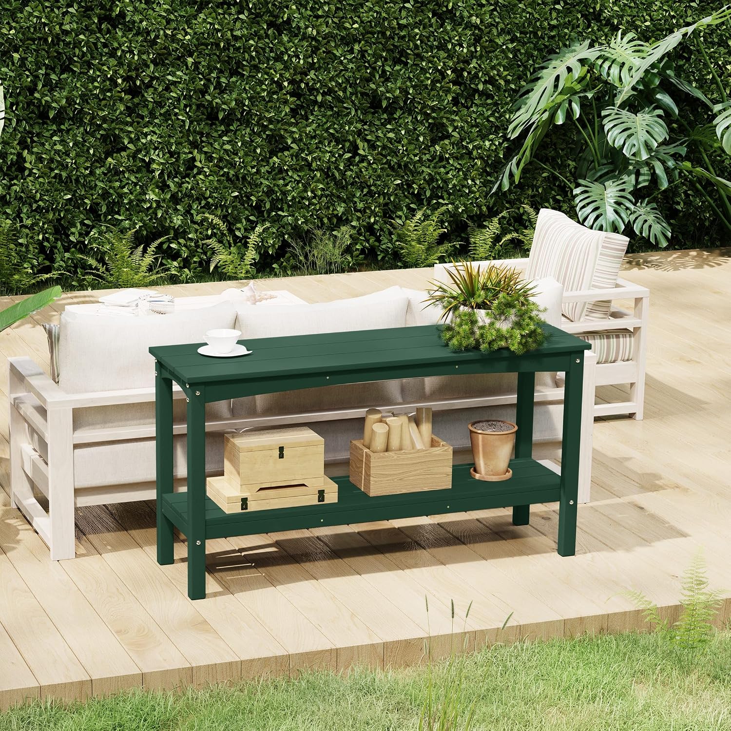Costaelm Outdoor Plant Stand, 2-Tier Small Outdoor Table, Outdoor Side Tables for Patio or Indoor, Patio Table for Pool, Porch, Weather Resistant Easy Maintenance, Dark Green
