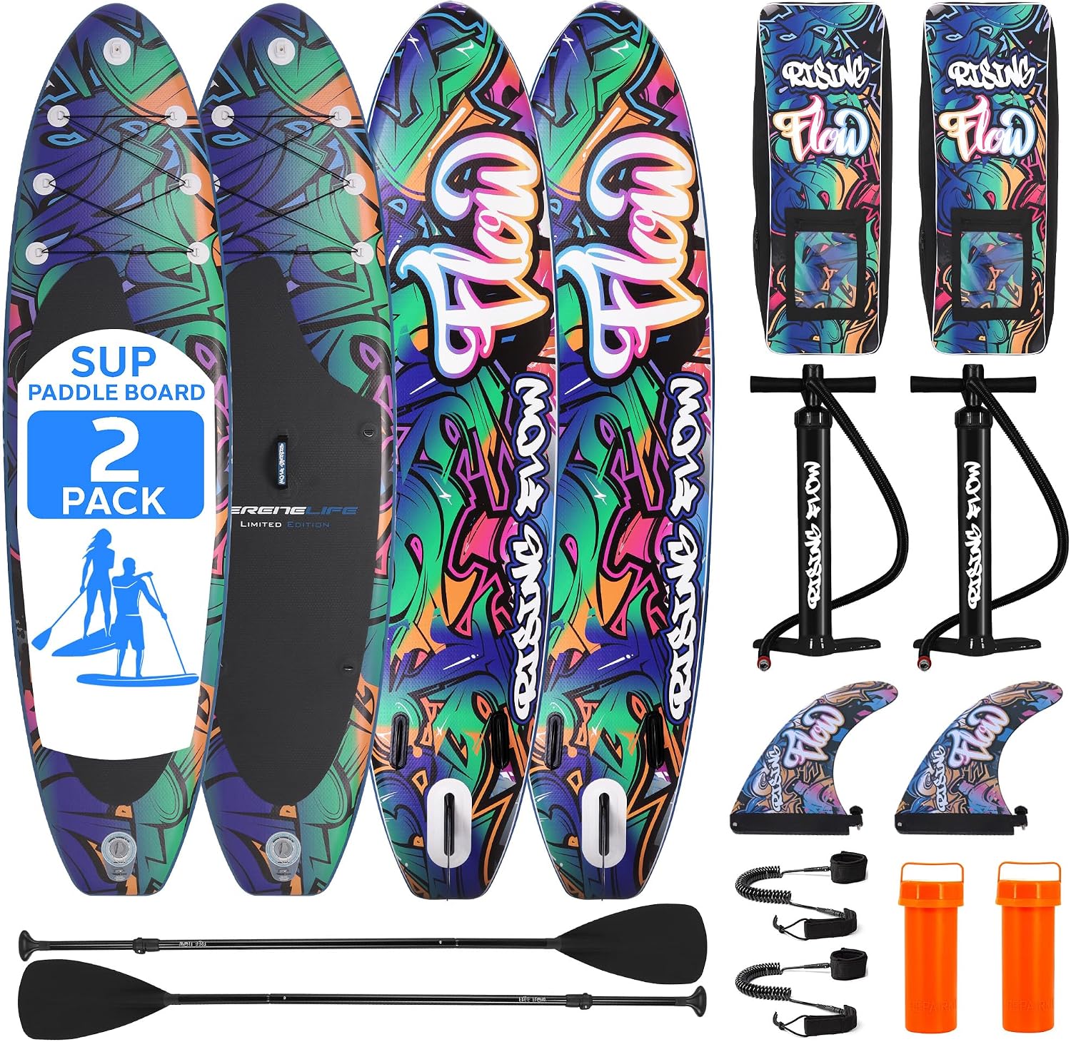 SereneLife Set of 2 Inflatable Stand Up Paddle Boards with Premium Accessories – SUP Pair with 32' Wide Stable Design, Non-Slip EVA Deck Pad for Adults and Youth of All Skill Levels, 350 lbs Capacity