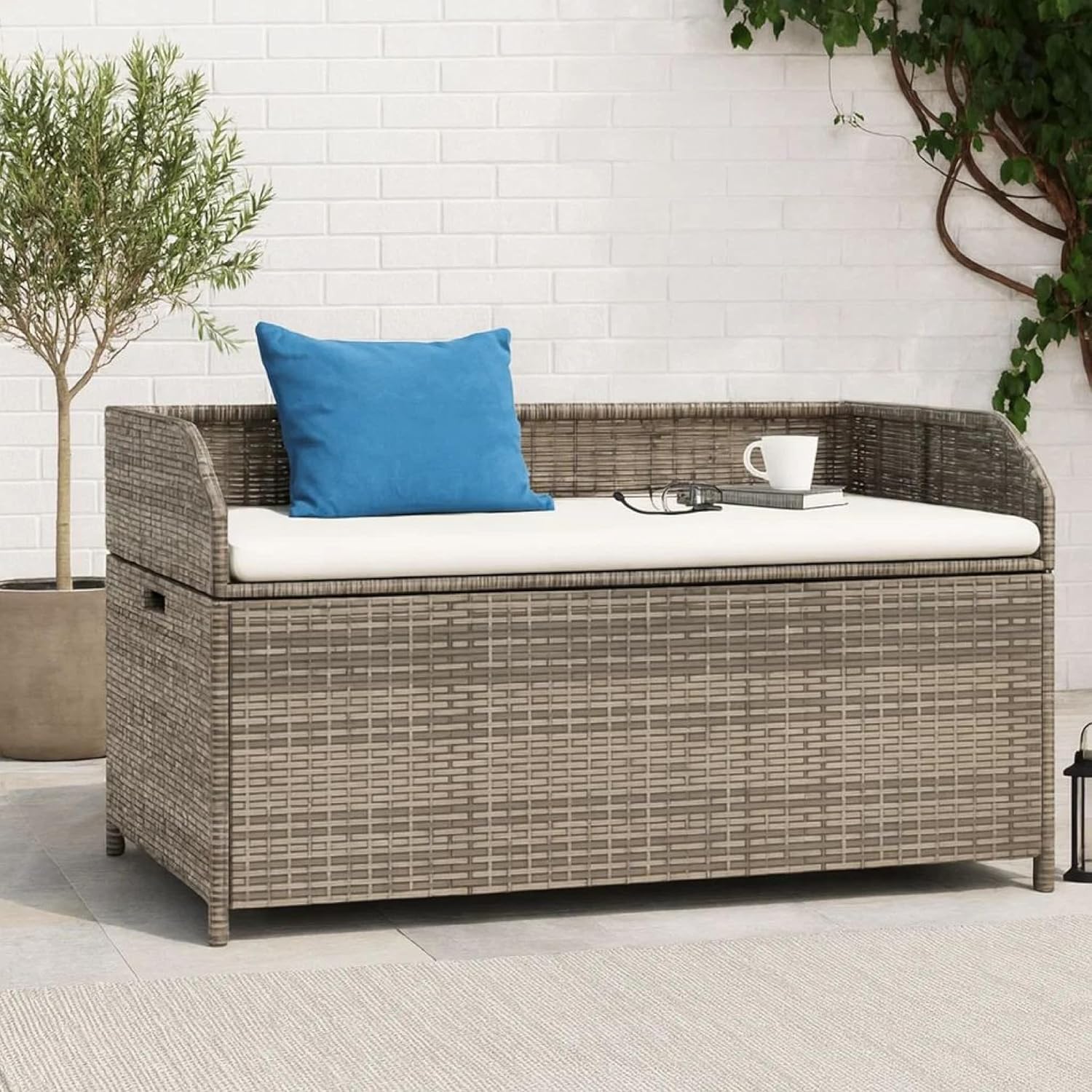 Foto Outdoor Bench, 39 Inch, Gray Wicker Rattan, Under Seat Storage