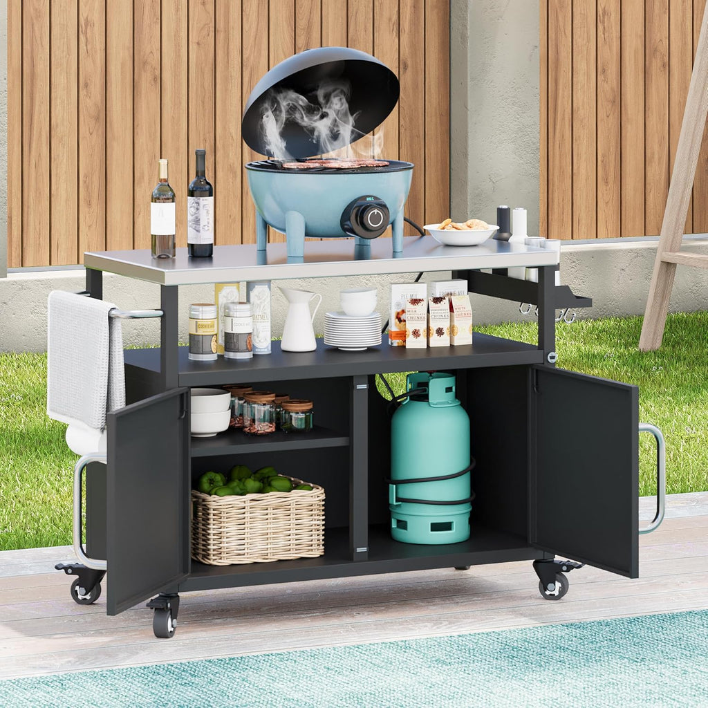 Merax 54.5' Outdoor Kitchen Island with Stainless Steel Tabletop, Metal Grill Cart Table with Storage Cabinet, Spice Rack and Towel Rack, Outdoor Bar Cart with 4 Lockable Wheels for BBQ, Black