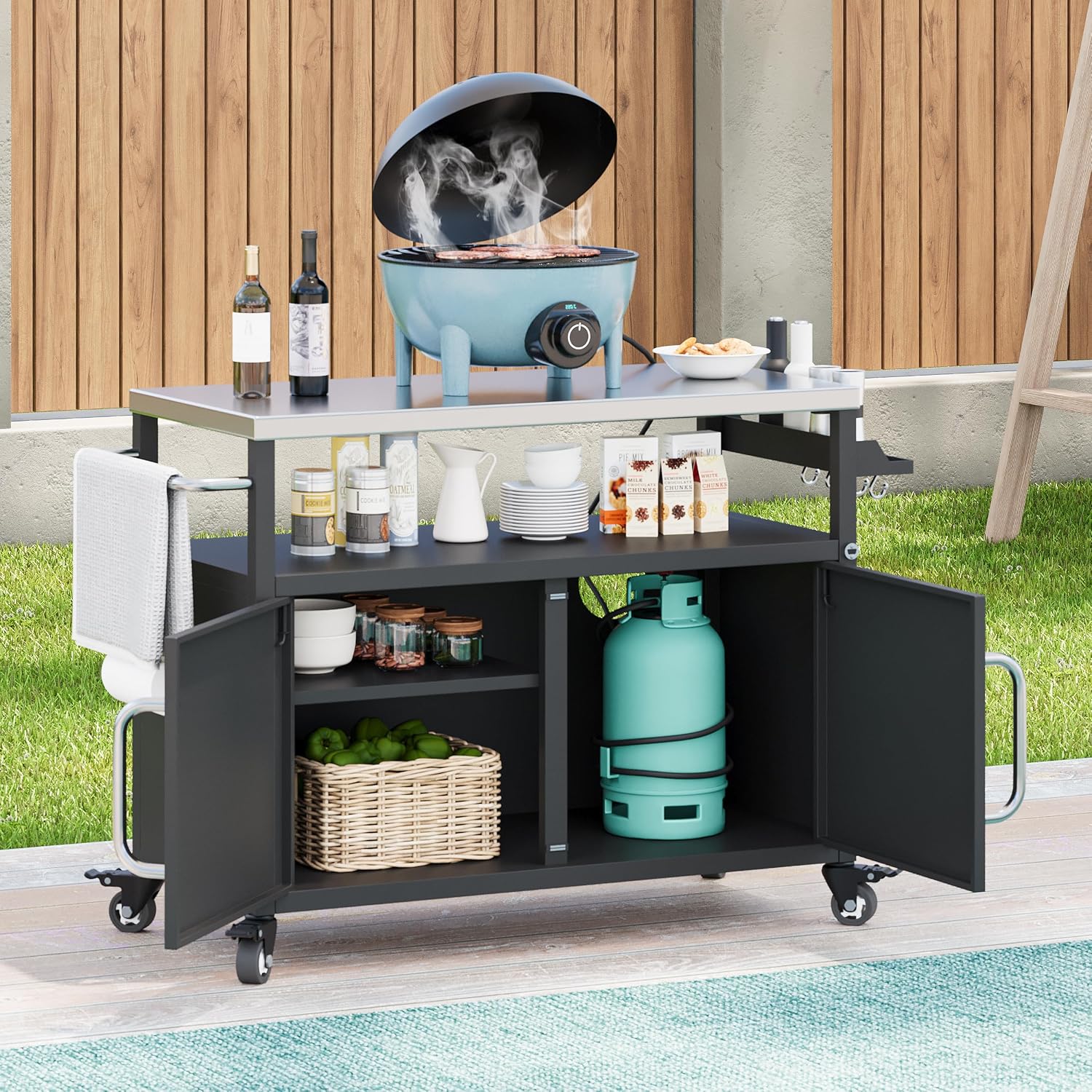 Merax 54.5' Outdoor Kitchen Island with Stainless Steel Tabletop, Metal Grill Cart Table with Storage Cabinet, Spice Rack and Towel Rack, Outdoor Bar Cart with 4 Lockable Wheels for BBQ, Black