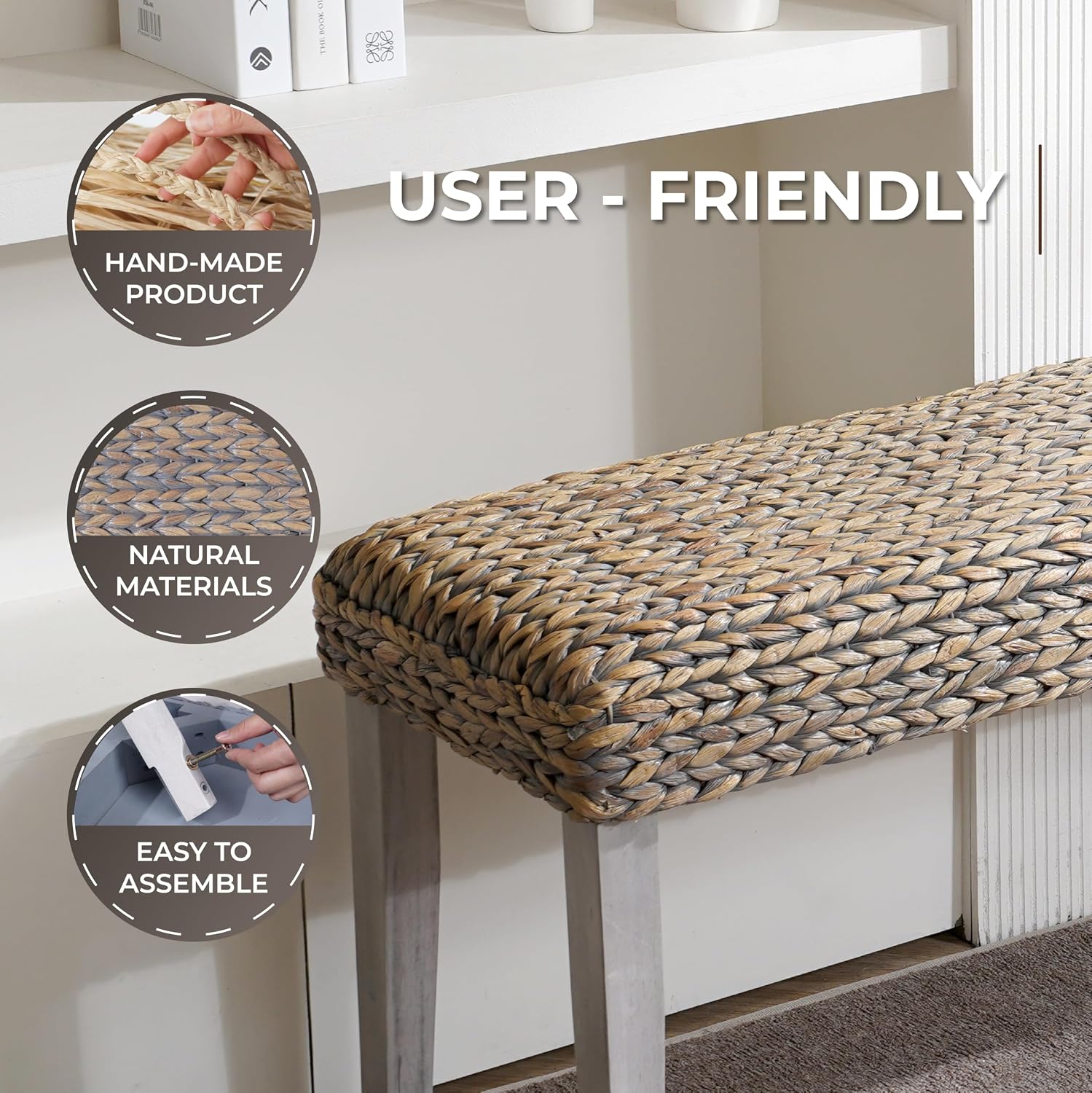 Solid Wood Acacia Indoor Bench with Natural Woven Water Hyacinth Seat, Wood Bench for Living Room or Entryway, Vintage Bench, Fishbone Style, Grey Leg
