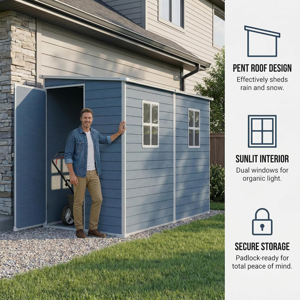 Storage Sheds with Floor, Resin Outdoor 4x8FT Lean to Shed with Two Windows, Lockable Doors for Garden Tools