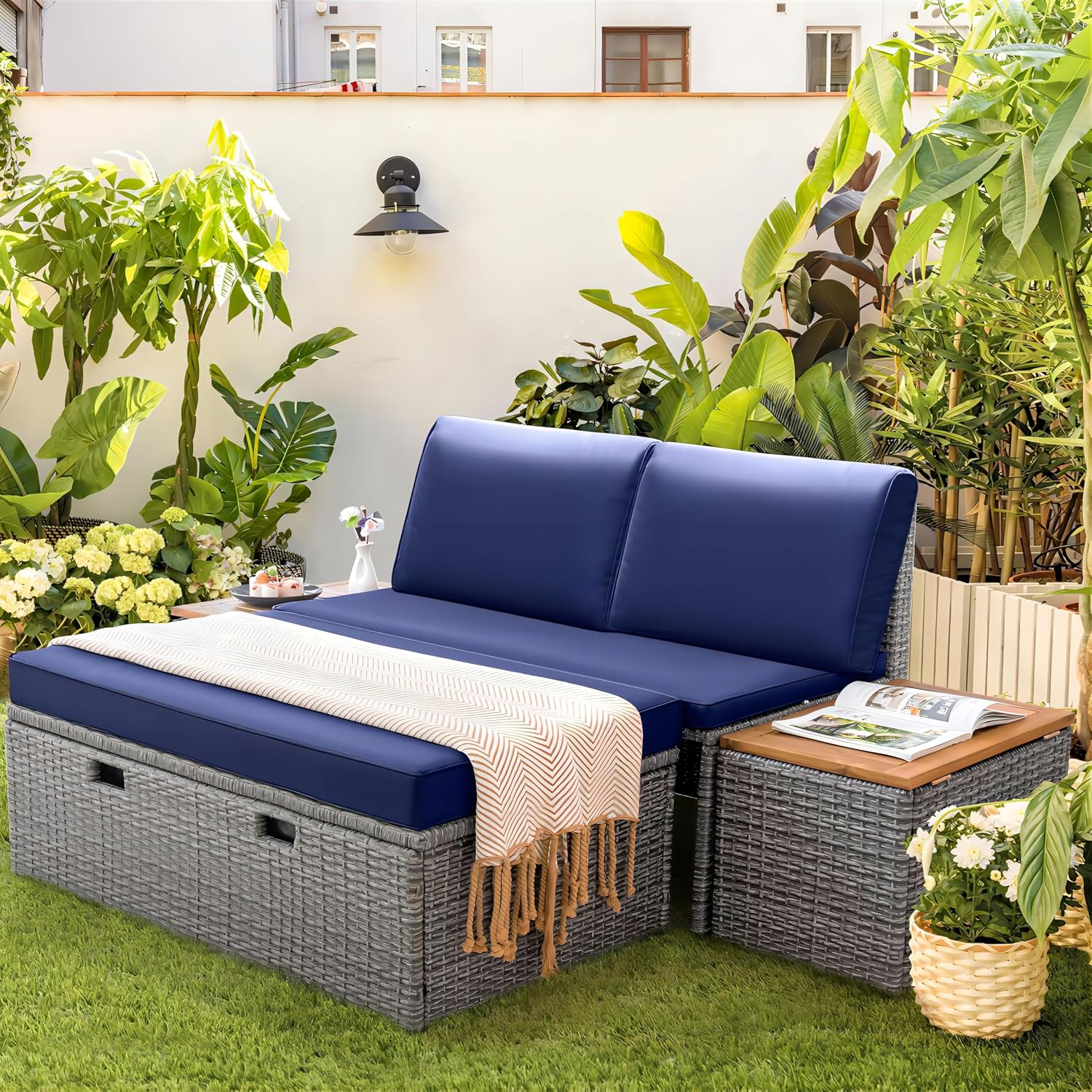 Greesum Outdoor Daybed Set Multifunctional Wicker Lounge Bed Furniture with Two Side Tables, Cushions, Storage Bench for Porch Lawn Patio Beach, OneSize, Blue