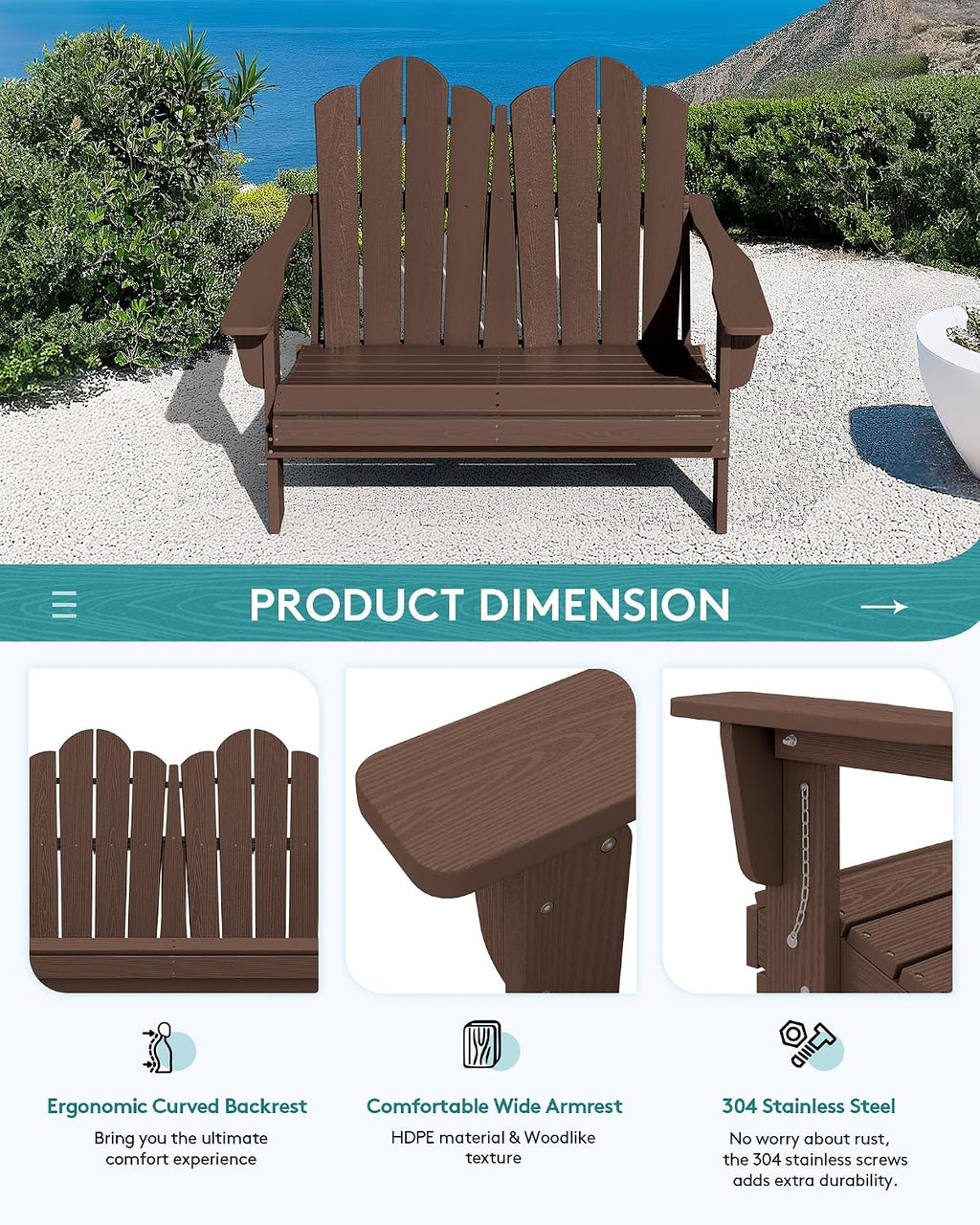 SERWALL 4 Pieces HDPE Patio Adirondack Chair Set, 2 Adirondack Chair with Cup Holder & 1 Adirondack Bench & 1 Coffee Table with Umbrella Hole, Coffee