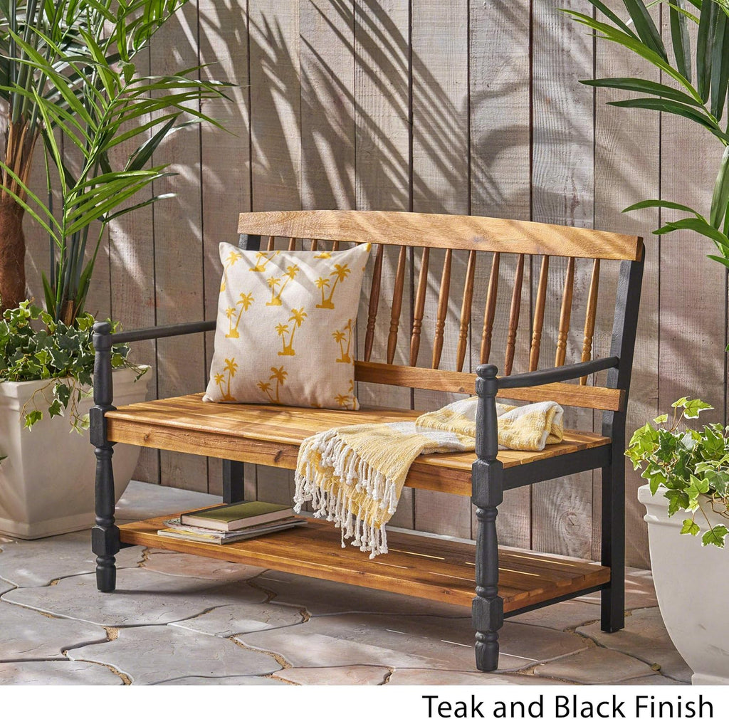 Great Deal Furniture Christopher Knight Home Daphne Outdoor Acacia Wood Bench with Shelf, Teak and Black Finish