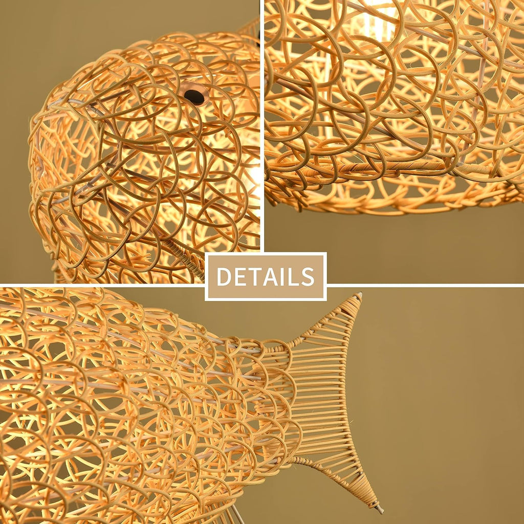 24 inch Fish-Shaped Rattan Woven Pendant Light Boho Chandelier Rustic Farmhouse Chandelier Rattan Light Fixture for Dining Room Living Room Bedroom Kitchen Foyer(Bulb Included)
