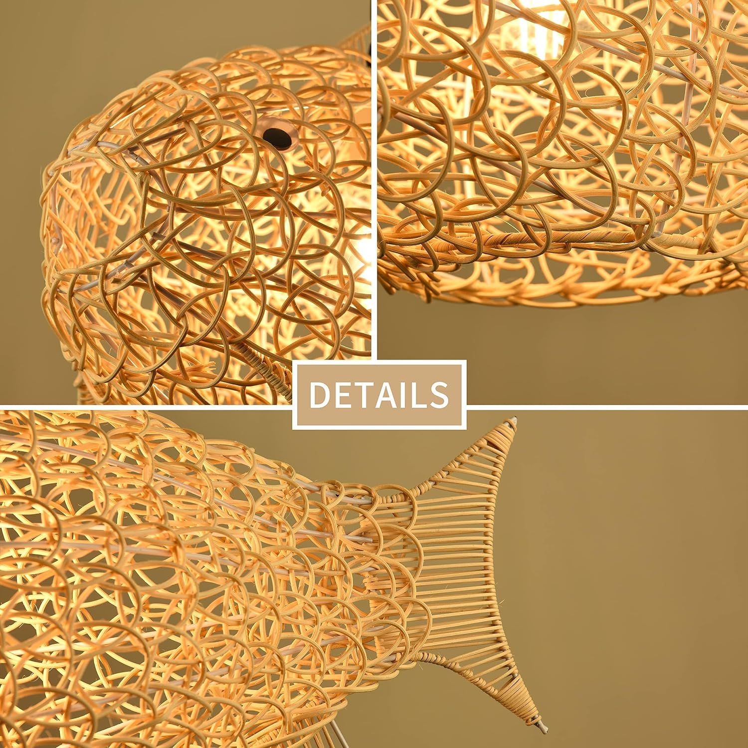 24 inch Fish-Shaped Rattan Woven Pendant Light Boho Chandelier Rustic Farmhouse Chandelier Rattan Light Fixture for Dining Room Living Room Bedroom Kitchen Foyer(Bulb Included)