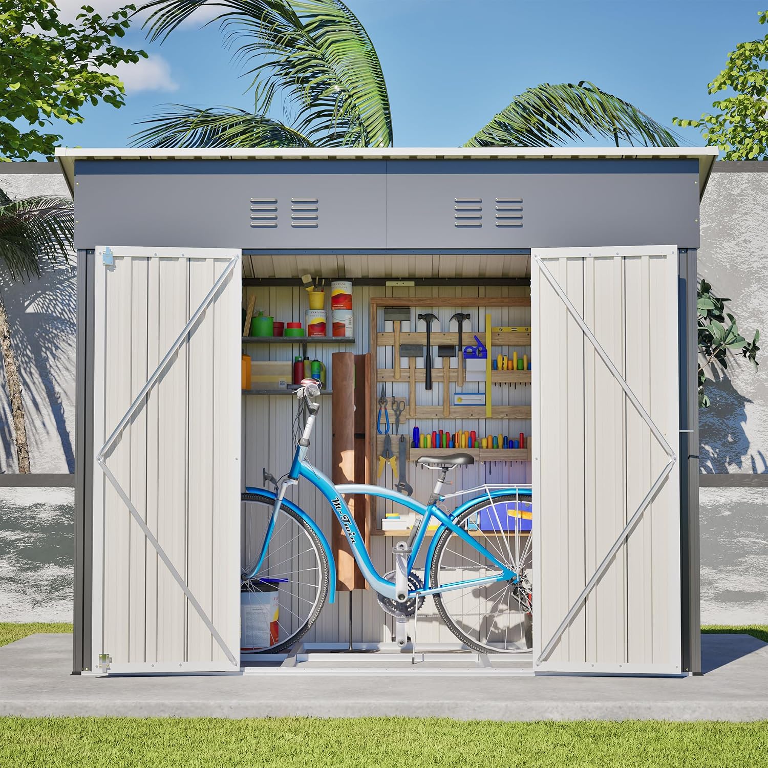 YOPTO 4x8 FT Outdoor Storage Shed,Slope Roof Storage Metal Garden Shed Steel with Reinforced Beams,All Weather Waterproof Garden Tool House W/Lockable Door & 4 Air Vents,for Backyard,Patio,Lawn,Grey