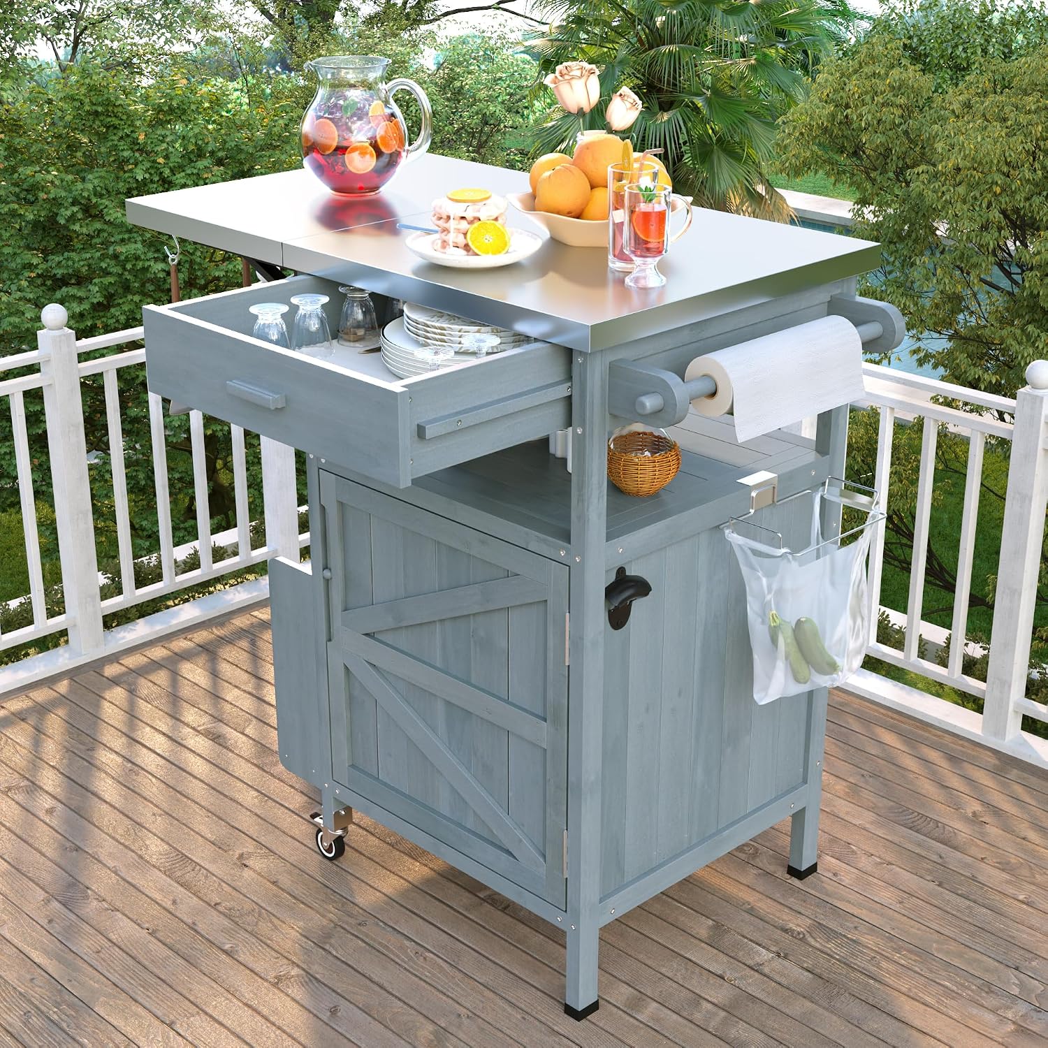 40.5' Outdoor Grill Cart with Stainless Steel Top, Solid Wood Outdoor Storage Cabinet with Drop Leaf, One Drawer, Towel Rack, Rolling Kitchen Cart with Lockable Wheels for Lawn Garden, Blue
