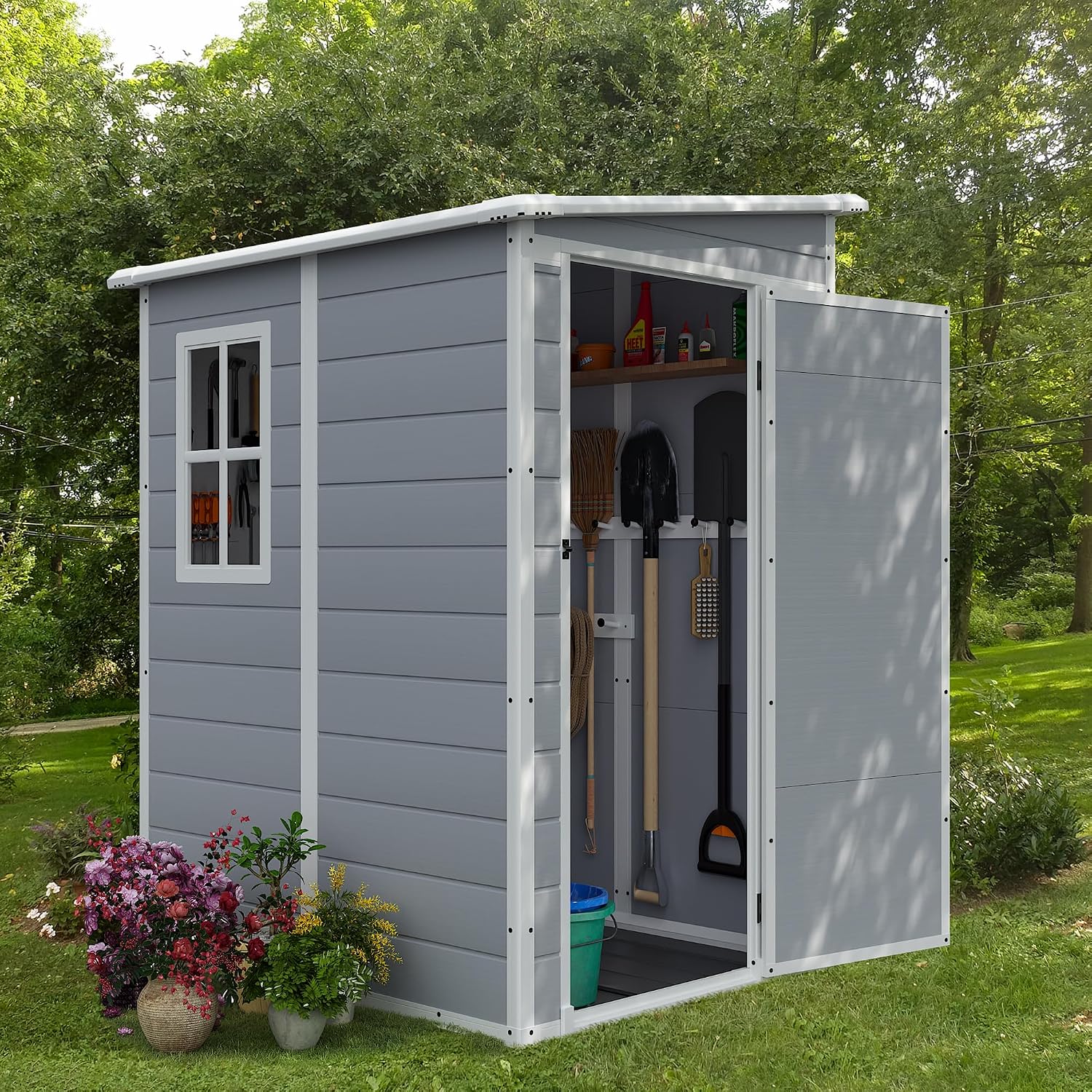 JUMMICO Outdoor Storage Shed, 5 x 4 FT Resin Shed with Floor and Lockable Door, Plastic Garden Tool Outside Sheds for Patio Backyard Lawn