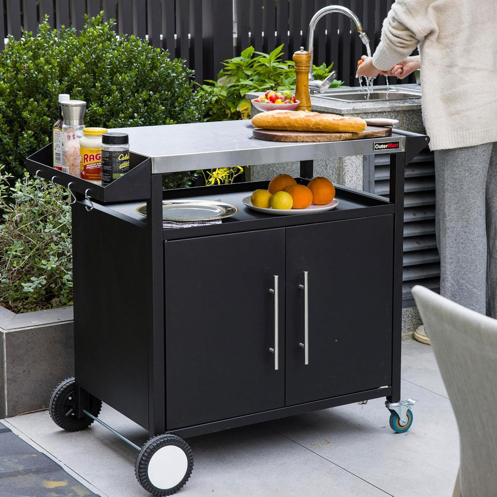 OuterMust Grill Table Outdoor Kitchen Cabinet, Moveable Outdoor Prep Table & Bar for Storage, Grilling and Pizza Oven, Multifunctional Silver & Black