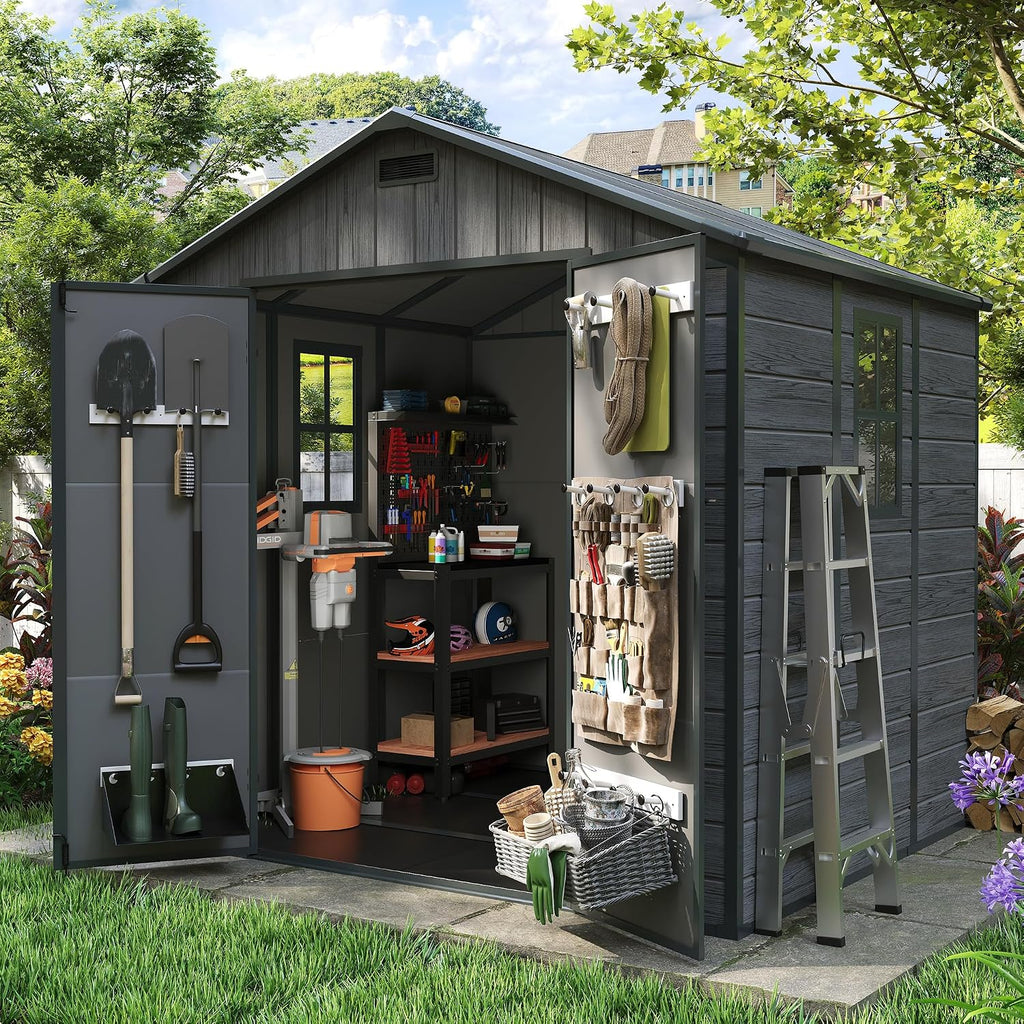 Amopatio Storage Shed 6x8, Resin Outdoor Shed with Floor Included, Plastic Sheds Outdoor Storage for Garden Tools, Bike, Sheds & Outdoor Storage with Lockable Door, Window & Vents, Charcoal Gray