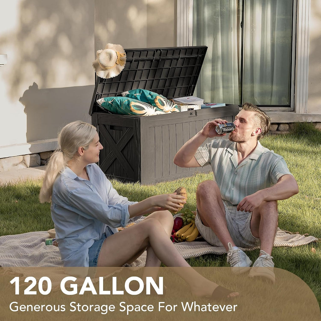 Devoko 120 Gallon Deck Box Resin Outdoor Storage Box Waterproof for Patio, Large Outdoor Storage Bench Lockable for Outside (Deep Brown)