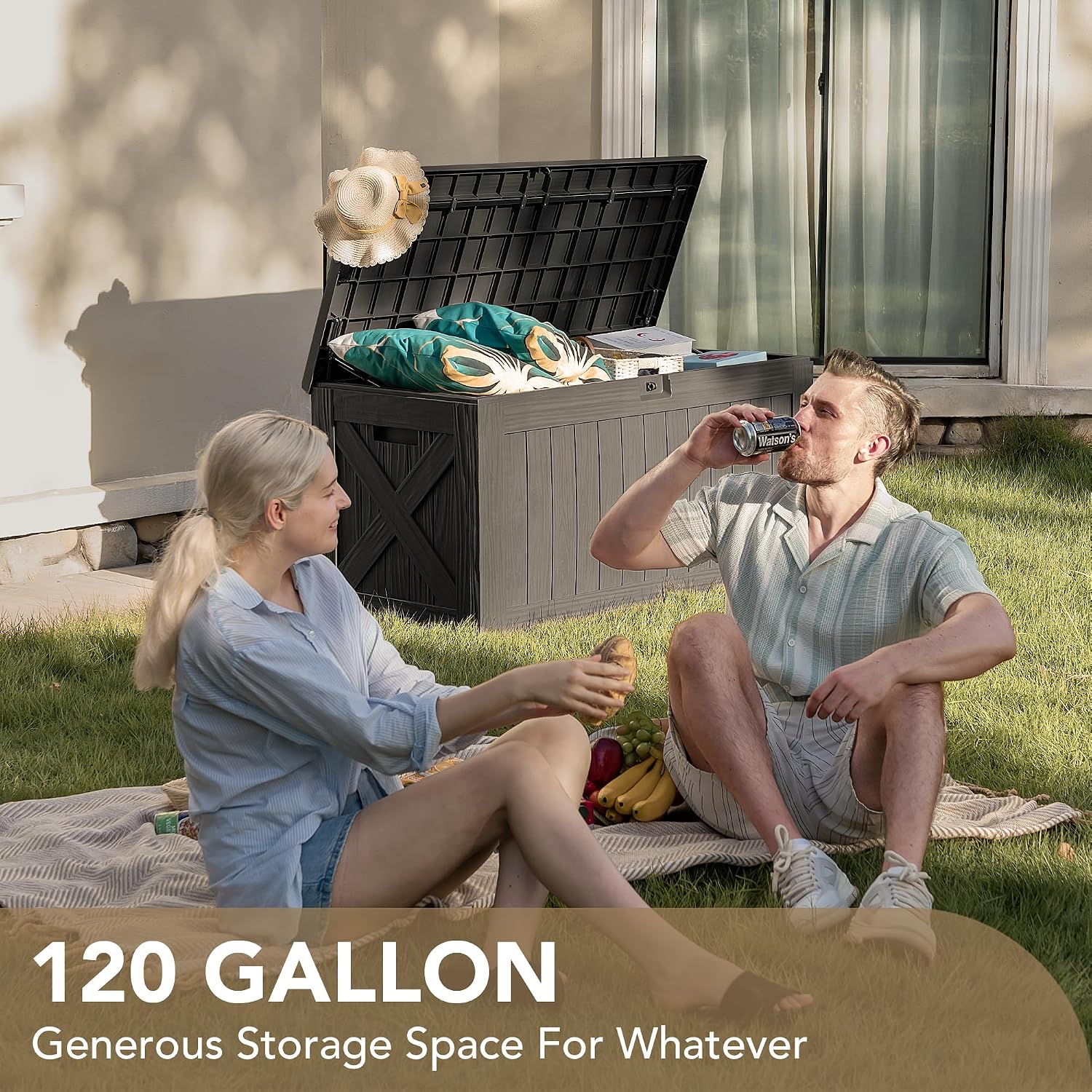 Devoko 120 Gallon Deck Box Resin Outdoor Storage Box Waterproof for Patio, Large Outdoor Storage Bench Lockable for Outside (Deep Brown)