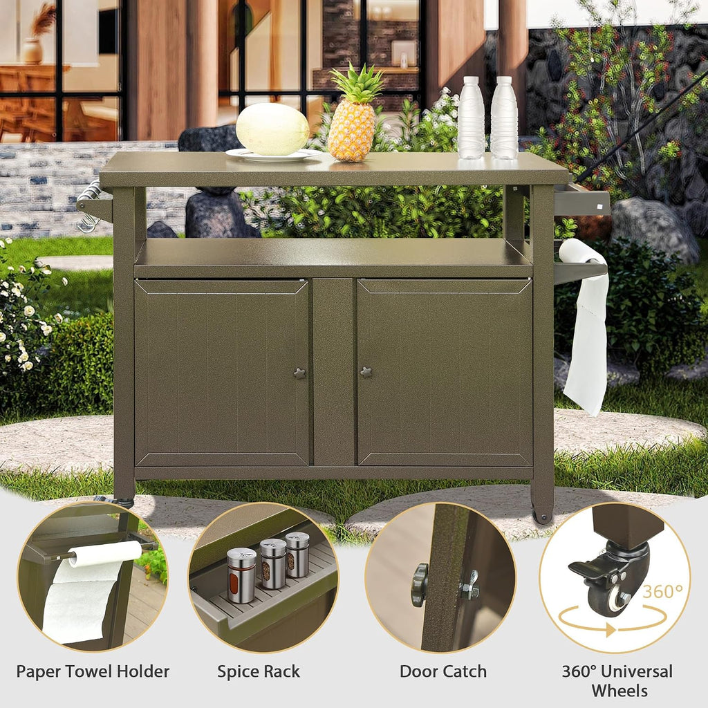 Domi Outdoor Grill Cart with Wheels,XL Outdoor Kitchen Island with Storage,Cooking Prep BBQ Table for Patio, Home Party, Lawn & Garden (Brown)