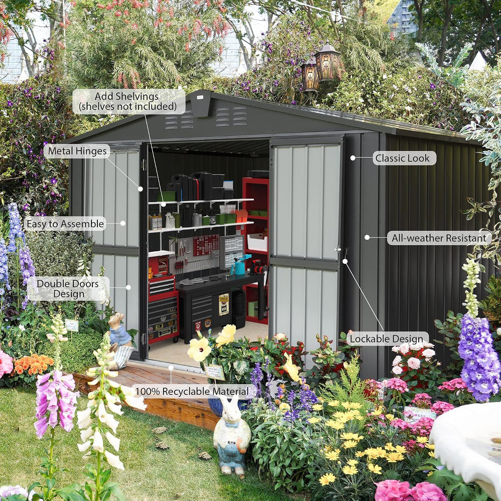 Domi Outdoor Storage Shed 10'x 8', Metal Garden Shed for Bike, Trash Can, Tools, Lawn Mowers, Pool Toys, Galvanized Steel Outdoor Storage Cabinet with Lockable Door for Backyard, Patio, Lawn