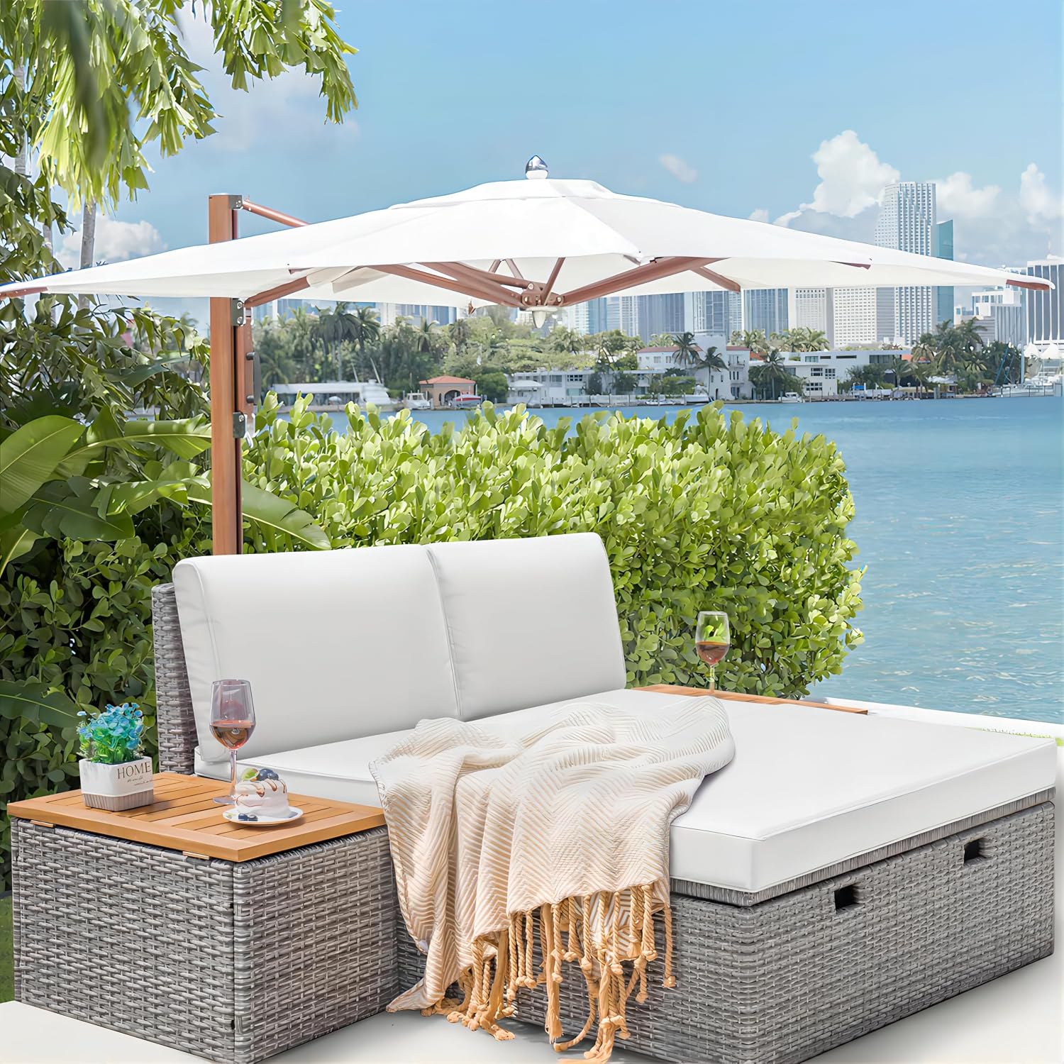 Greesum Outdoor Daybed Set Multifunctional Wicker Lounge Bed Furniture with Two Side Tables, Cushions, Storage Bench for Porch Lawn Patio Beach, OneSize, White