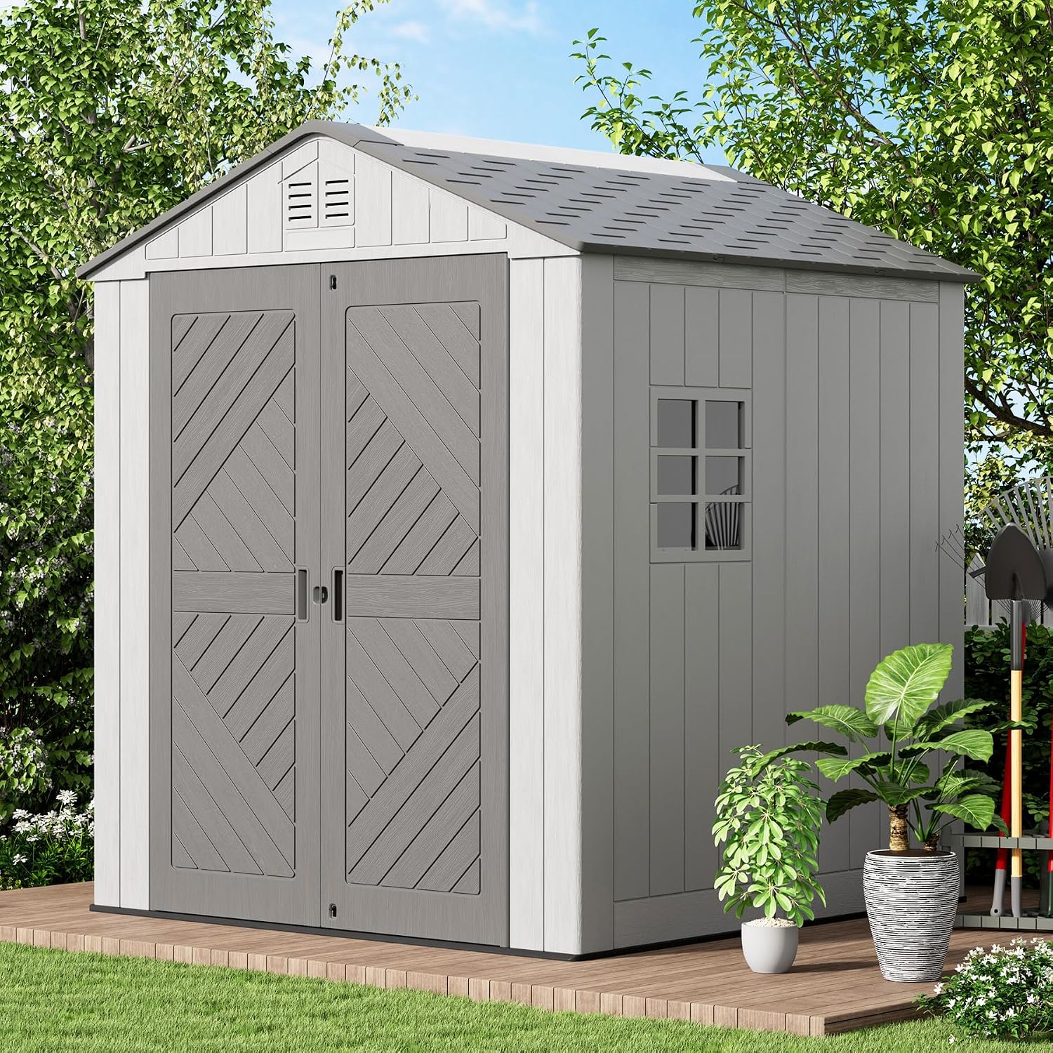 KINYING 6x6 FT Outdoor Storage Shed,Resin Clearance Outdoor Sheds with Floor,Weather Resistant Garden Tool Plastic Shed with Window for Backyard, Garden, Patio, Lawn,Lockable