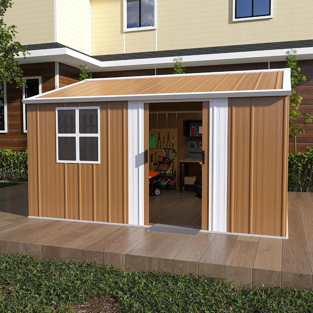 12x10 FT Heavy-Duty Metal Tool Shed with Windows, Lockable Door & Ventilation, Weatherproof Outdoor Garden Storage Shed for Backyard, Lawn, and Tool Organization, Brown