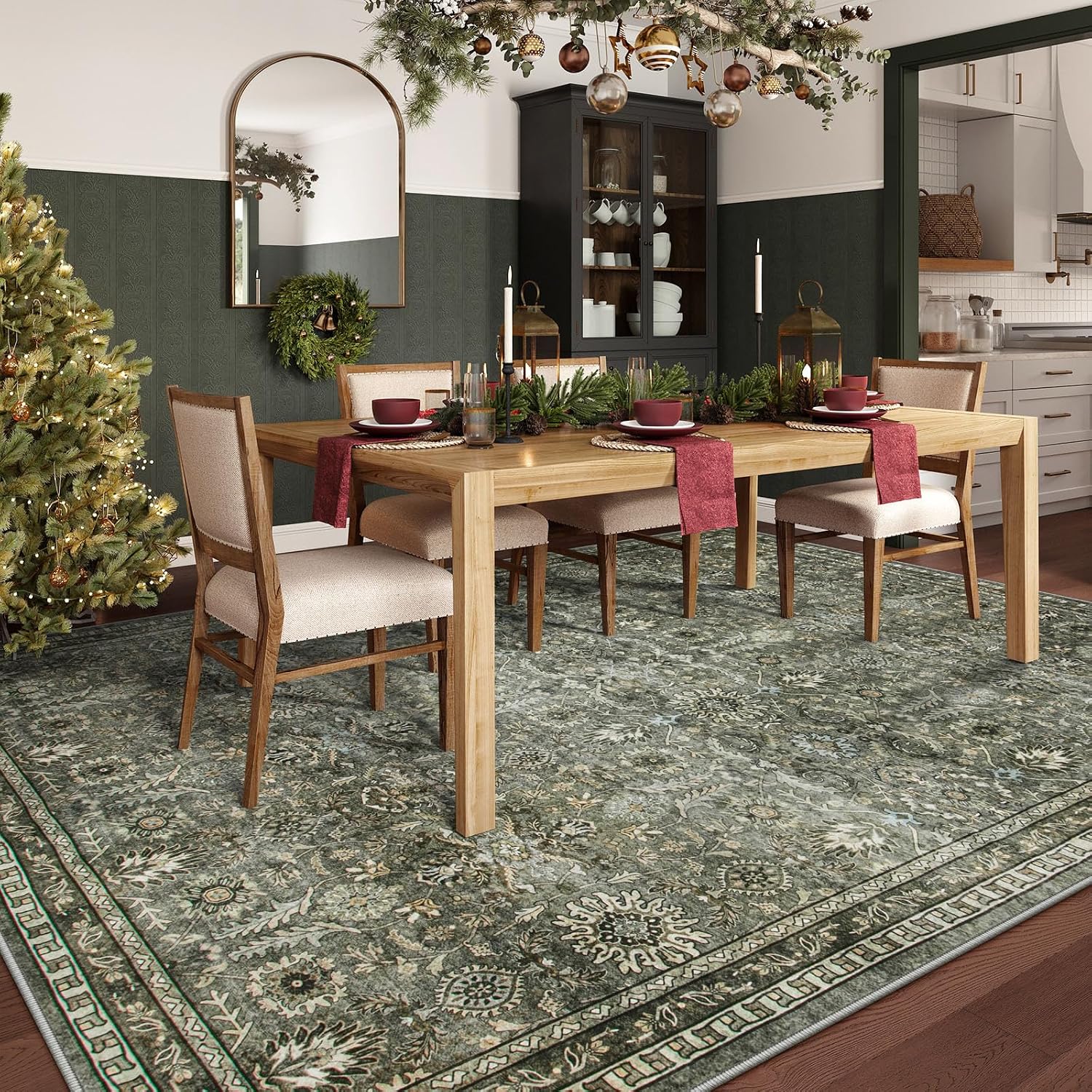 Lahome Mirae Green 8x10 Rugs for Living Room, Boho Washable Area Rugs for Bedroom, Rubber Backed Non Slip Floor Carpets for Dining Room Home Apartment, Dark Olive Green