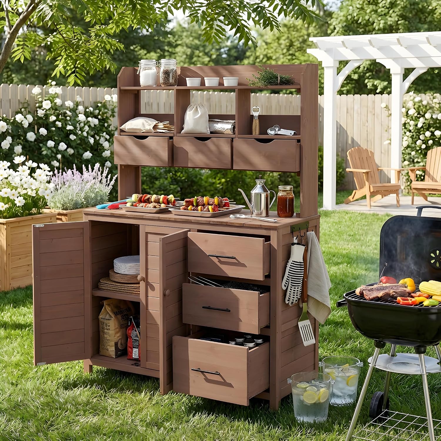 65' H Large Patio Potting Bench, Farmhouse Garden Workstation with 6 Drawers, Bottom Cabinet and Side Hook, Adjustable Shelf, Fir Wood Frame Outdoor Kitchen Island (Brown/101)