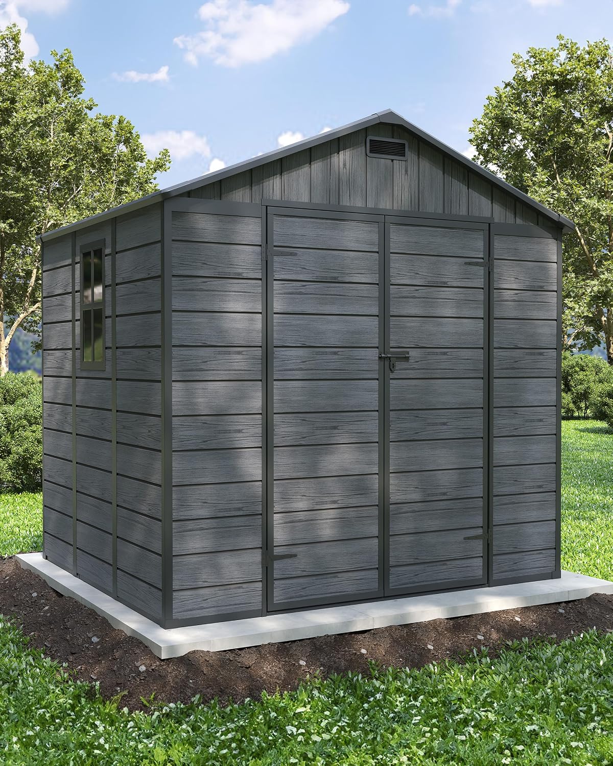 Amopatio Storage Shed 6x8, Resin Outdoor Shed with Floor Included, Plastic Sheds Outdoor Storage for Garden Tools, Bike, Sheds & Outdoor Storage with Lockable Door, Window & Vents, Charcoal Gray