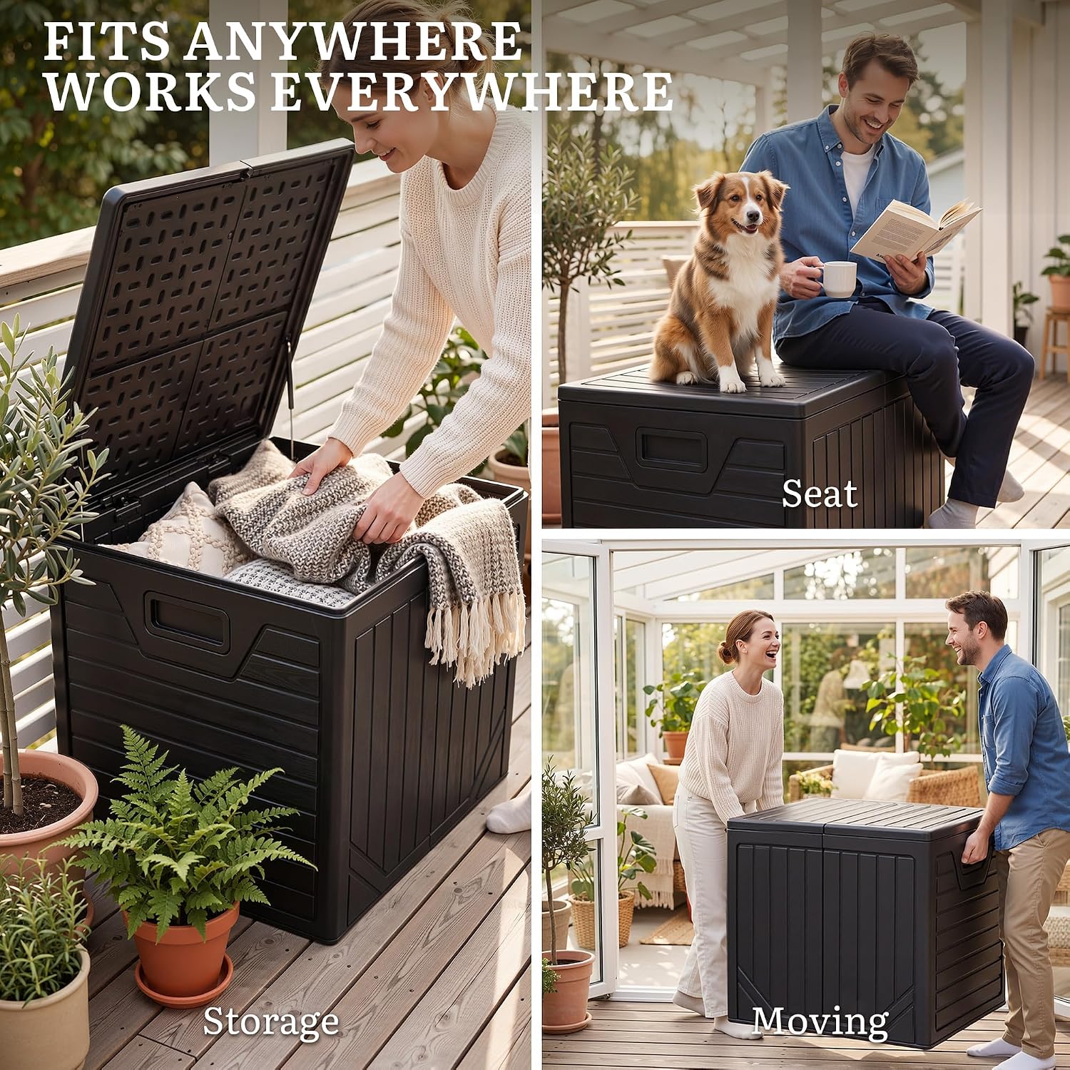 YITAHOME 150 Gallon Large Outdoor Storage Box w/Double Wall, Waterproof Deck Box with Hydraulic Piston for Garden Tools, Pool Accessories & Cushions, Resin Deck Organizer with Bench Seat(Black)