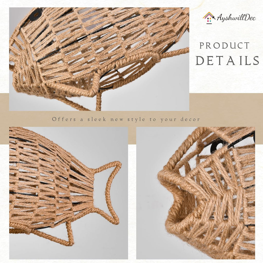 Woven Pendant Light Boho Chandelier Fish-Shaped Rustic Farmhouse Chandelier Hemp Rope Light Rattan Light Fixture for Dining Room Living Room Bedroom Kitchen Foyer(Bulb Included)