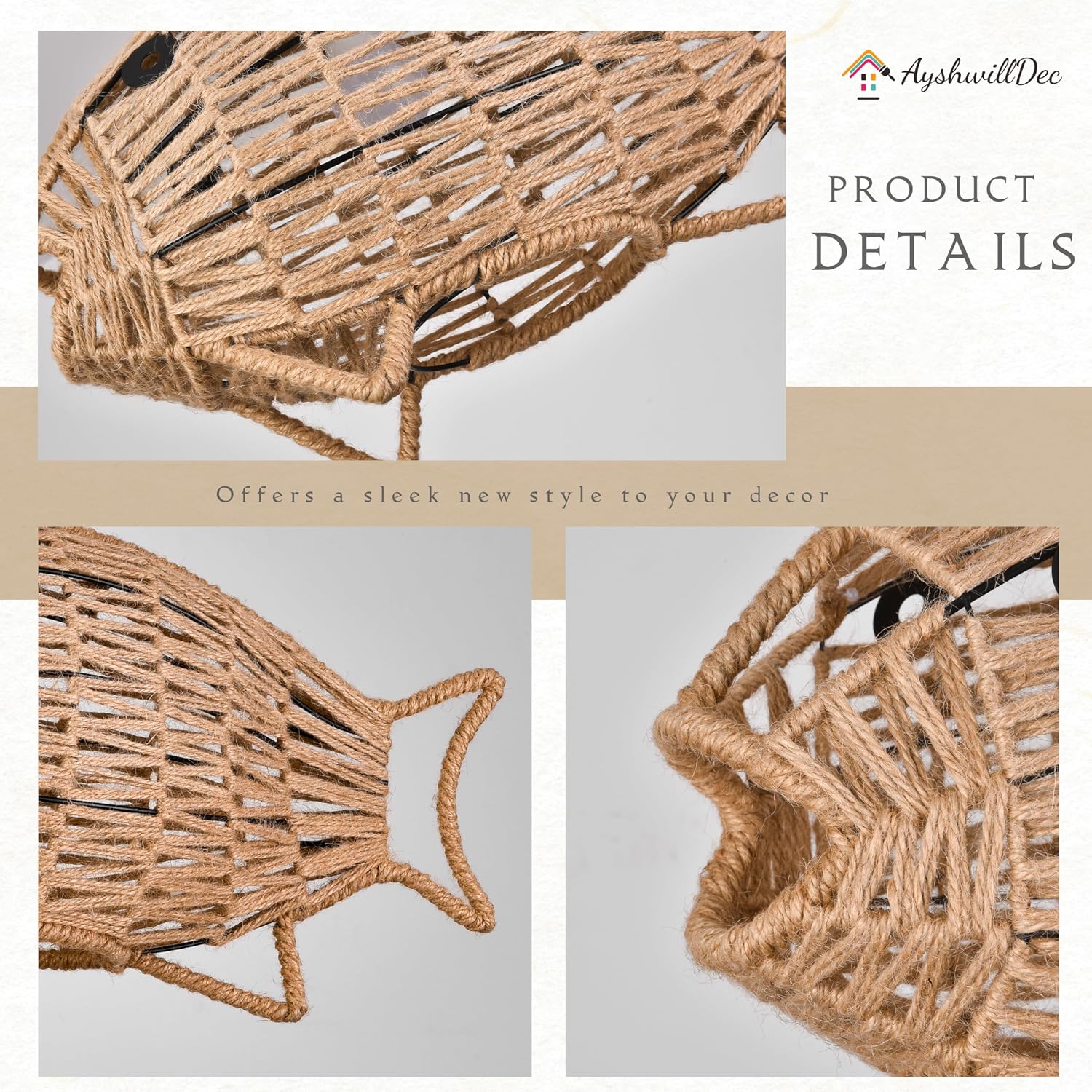 Woven Pendant Light Boho Chandelier Fish-Shaped Rustic Farmhouse Chandelier Hemp Rope Light Rattan Light Fixture for Dining Room Living Room Bedroom Kitchen Foyer(Bulb Included)