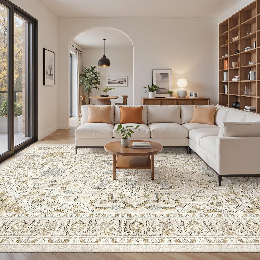 Area Rugs for Living Room - 9x12, Boho Non-Slip Low Pile Carpet Machine Washable Rugs for Bedroom Office, Dining Room (Beige)
