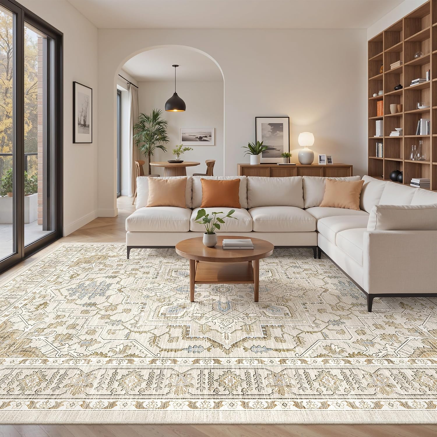 Area Rugs for Living Room - 9x12, Boho Non-Slip Low Pile Carpet Machine Washable Rugs for Bedroom Office, Dining Room (Beige)