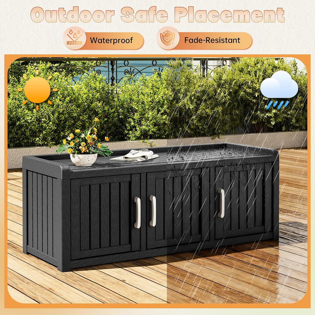 Bifanuo Shoe Storage Cabinet, 3 Door Outdoor Storage Bench with Adjustable Shelves, Waterproof UV-Resistant for Hallway, Living Room, Entryway, Large Capacity Modern Organizer (Black)