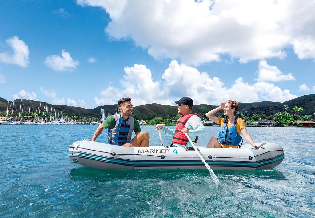 INTEX Mariner Inflatable Boat Series: Includes Deluxe Boat Oars and High-Output Pump – SuperTough PVC – Wear-Resistant Keel – Removable Fishing Rod Holders – Heavy Duty Grab Handle