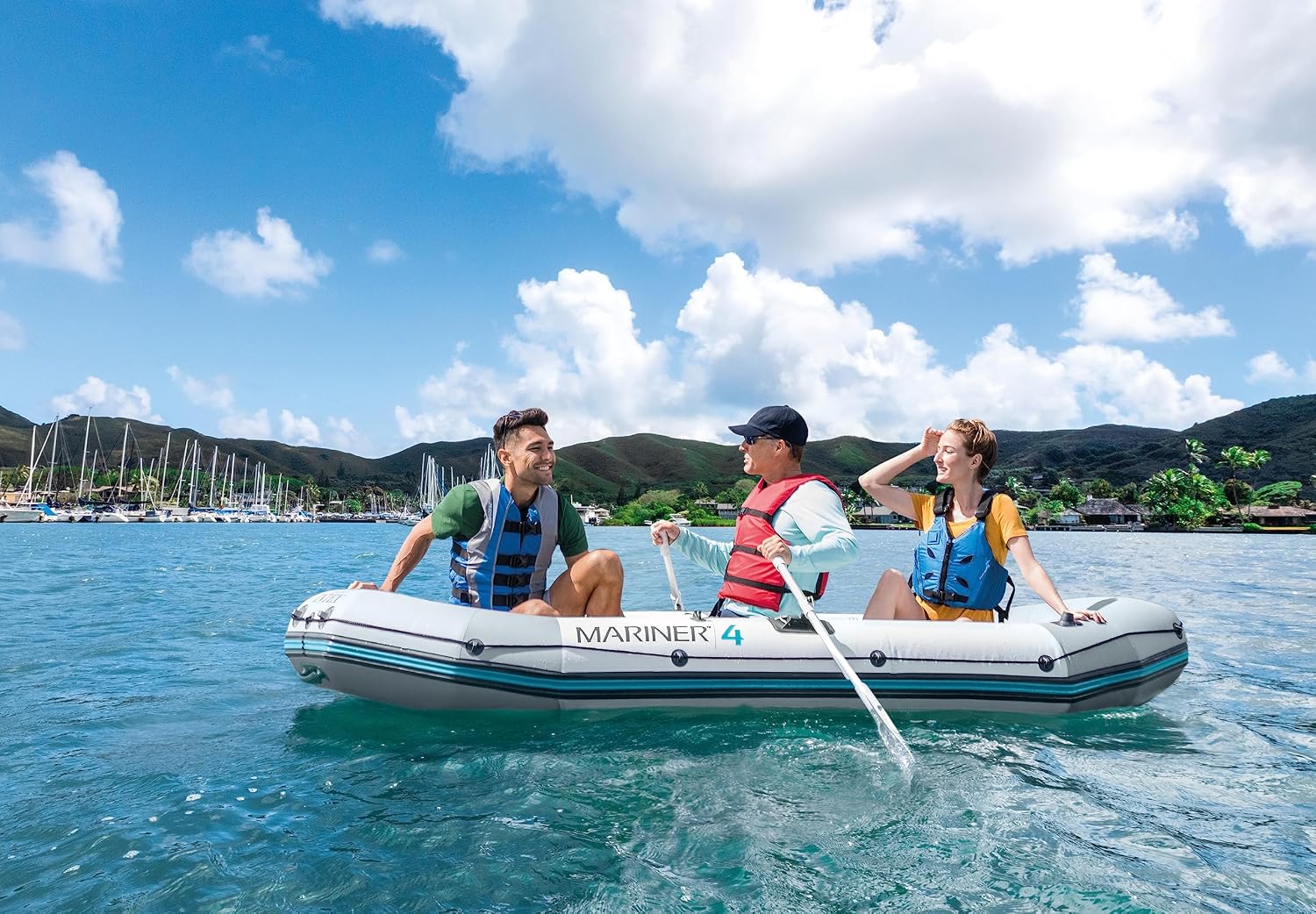 INTEX Mariner Inflatable Boat Series: Includes Deluxe Boat Oars and High-Output Pump – SuperTough PVC – Wear-Resistant Keel – Removable Fishing Rod Holders – Heavy Duty Grab Handle
