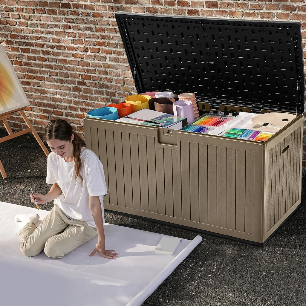 DWVO 260 Gallon Double-Wall Deck Box with Divider, XXL Extra Large Resin Outdoor Storage Box, Lockable & Waterproof, Double as Seating, 1000lbs Capacity (Black&Brown)