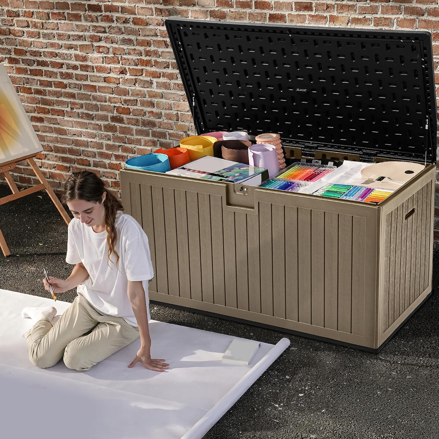 DWVO 260 Gallon Double-Wall Deck Box with Divider, XXL Extra Large Resin Outdoor Storage Box, Lockable & Waterproof, Double as Seating, 1000lbs Capacity (Black&Brown)